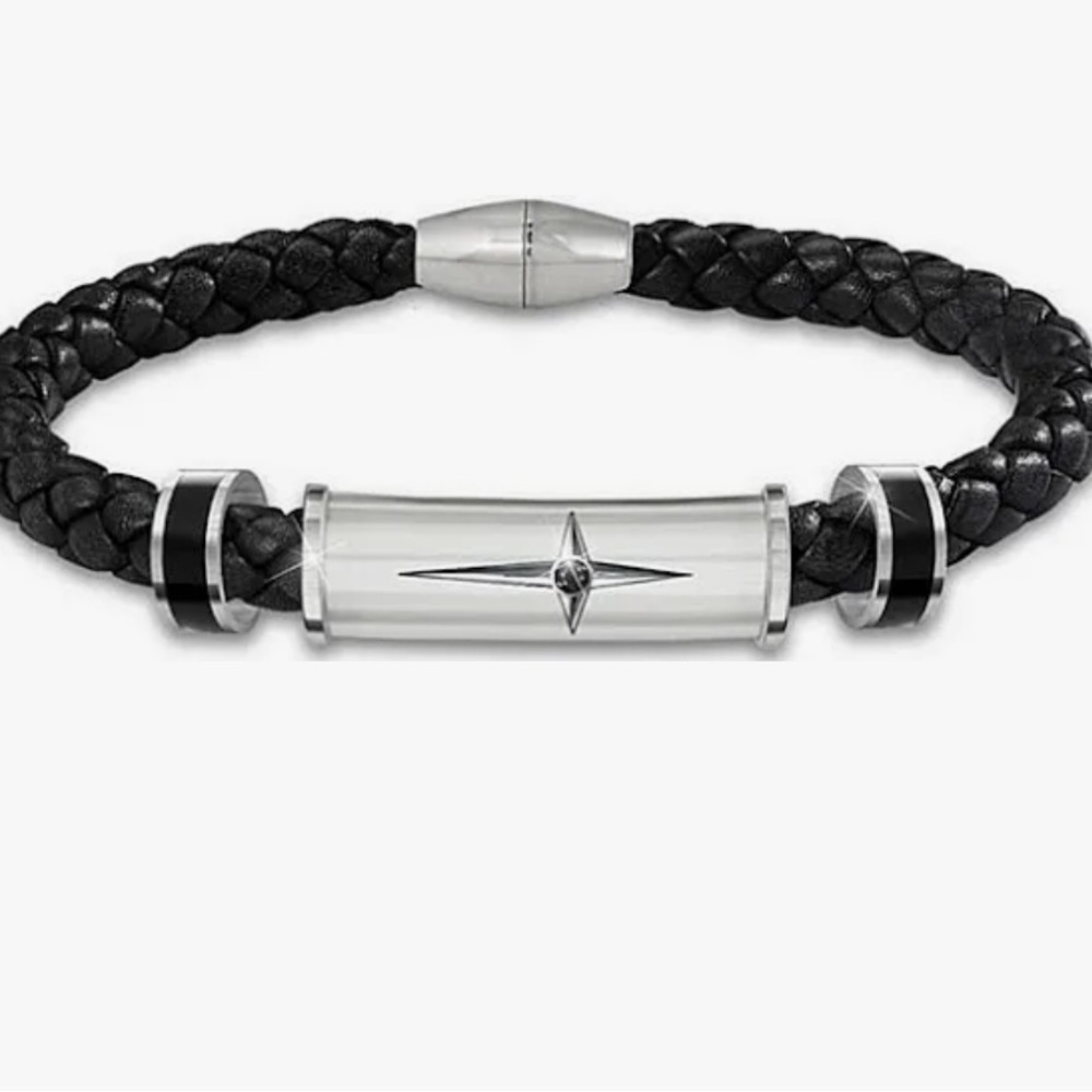 NWT Bradford Exchange Men's The Protection&Strength Leather Steel Cross Bracelet